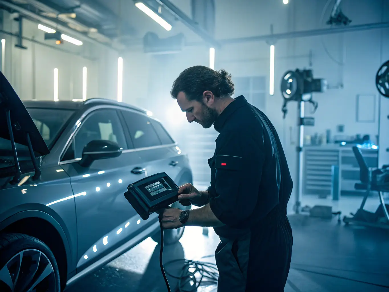 A mechanic using diagnostic tools to identify a car problem, emphasizing the advanced diagnostic capabilities of Basa Auto Repair.