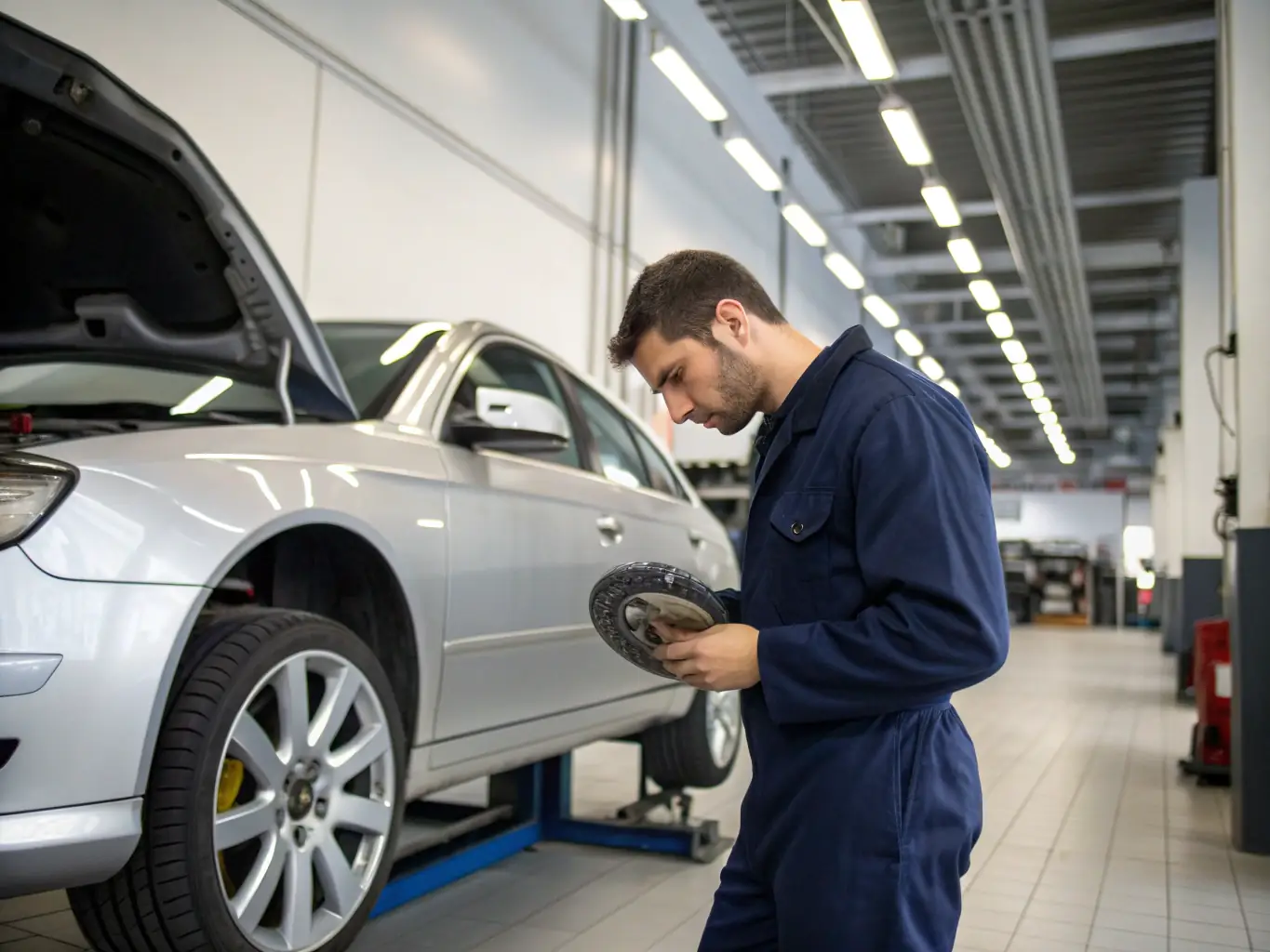 A technician inspecting the suspension system of a car, highlighting the detailed attention given to suspension work by Basa Auto Repair.