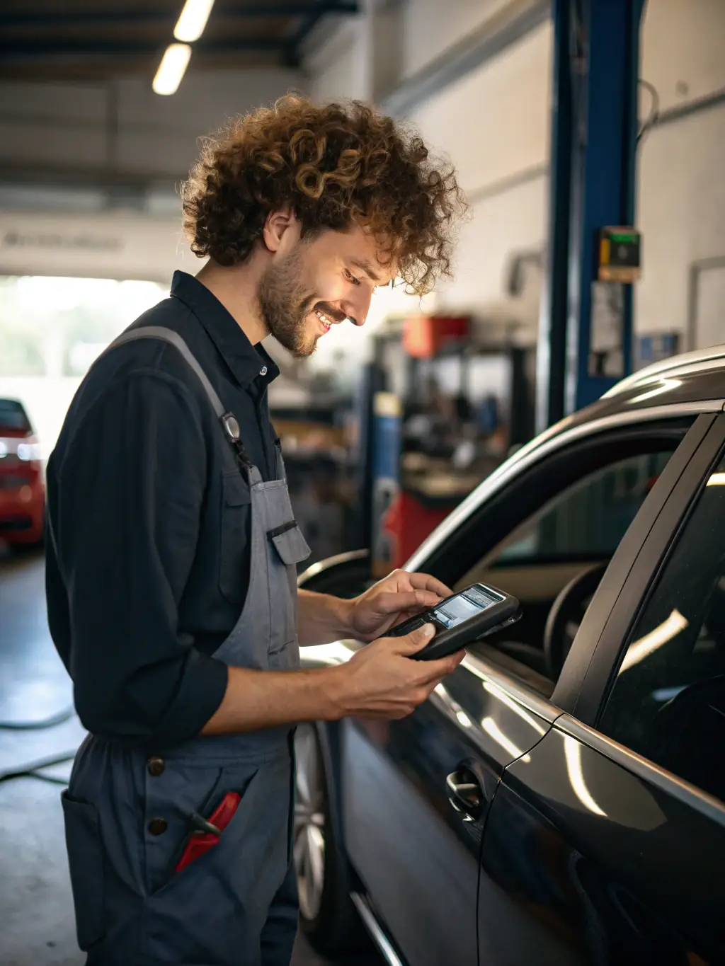 A customer happily paying a mechanic with a mobile payment system next to a well-maintained car.