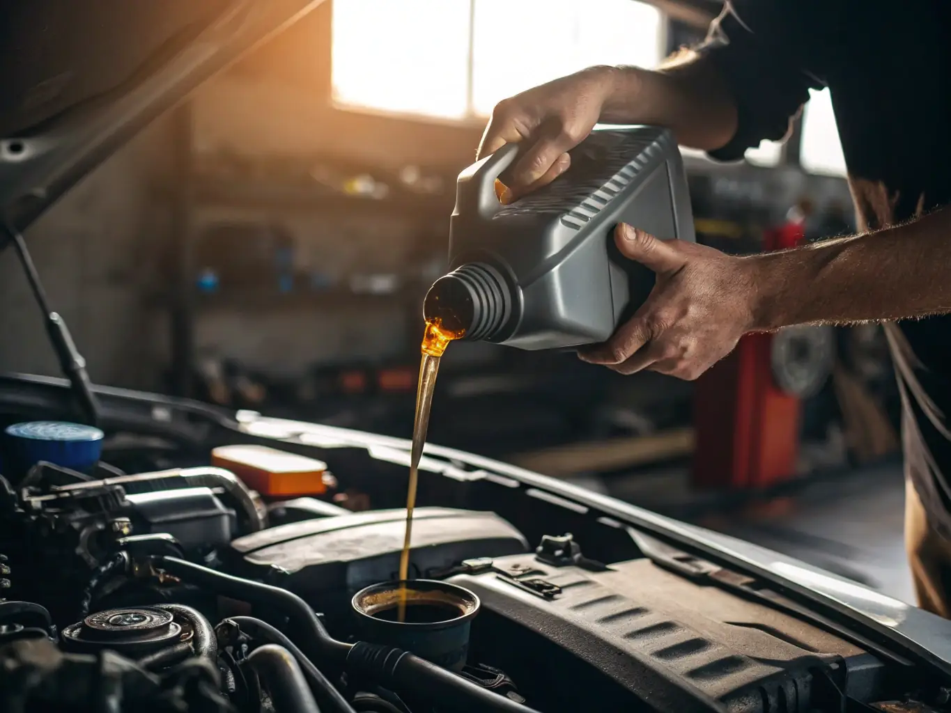 A mechanic changing oil in a car engine with a modern service bay in the background, showcasing Basa Auto Repair's oil change service.