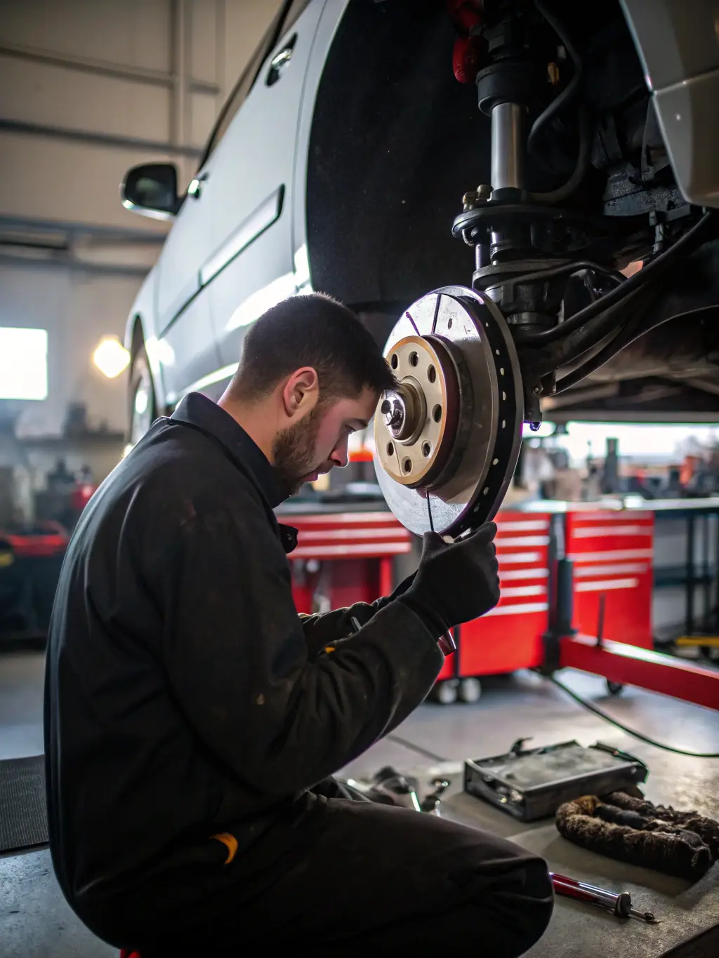 A mechanic showing a customer the replaced parts of their car, explaining the repair process.