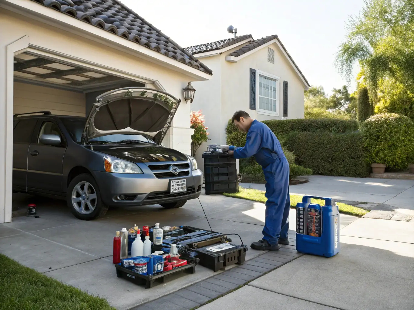 A mechanic performing an oil change on a car in a well-equipped mobile service van, showcasing the convenience of Basa Auto Repair's services.