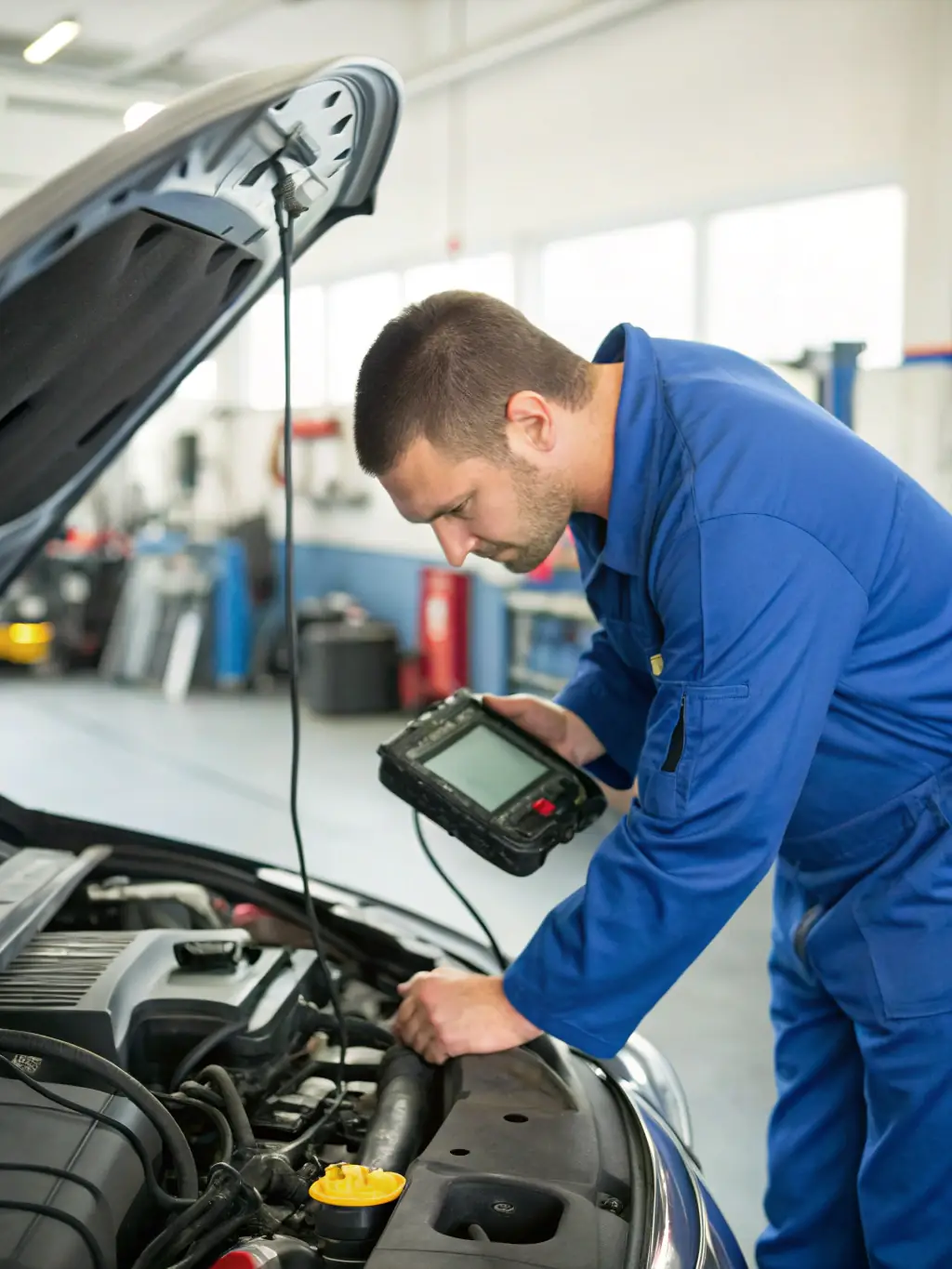 A mechanic performing a detailed diagnostic check on a car engine with advanced tools.