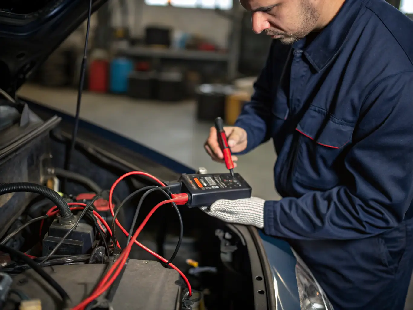 A mechanic using diagnostic tools on a car engine in a well-equipped workshop, representing Basa Auto Repair's general mechanic services.