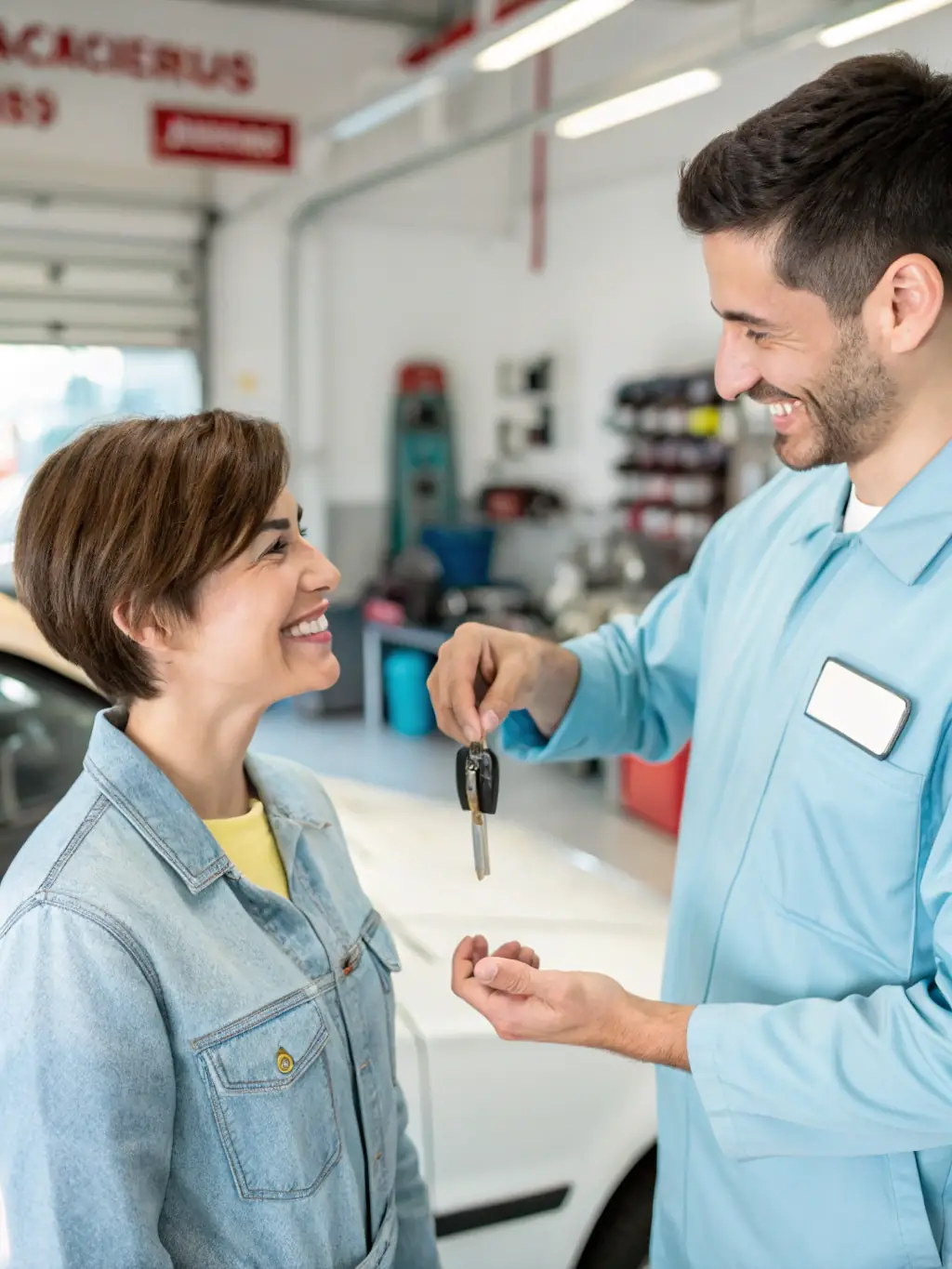A friendly mechanic smiling and handing car keys to a satisfied customer in front of a mobile repair van.
