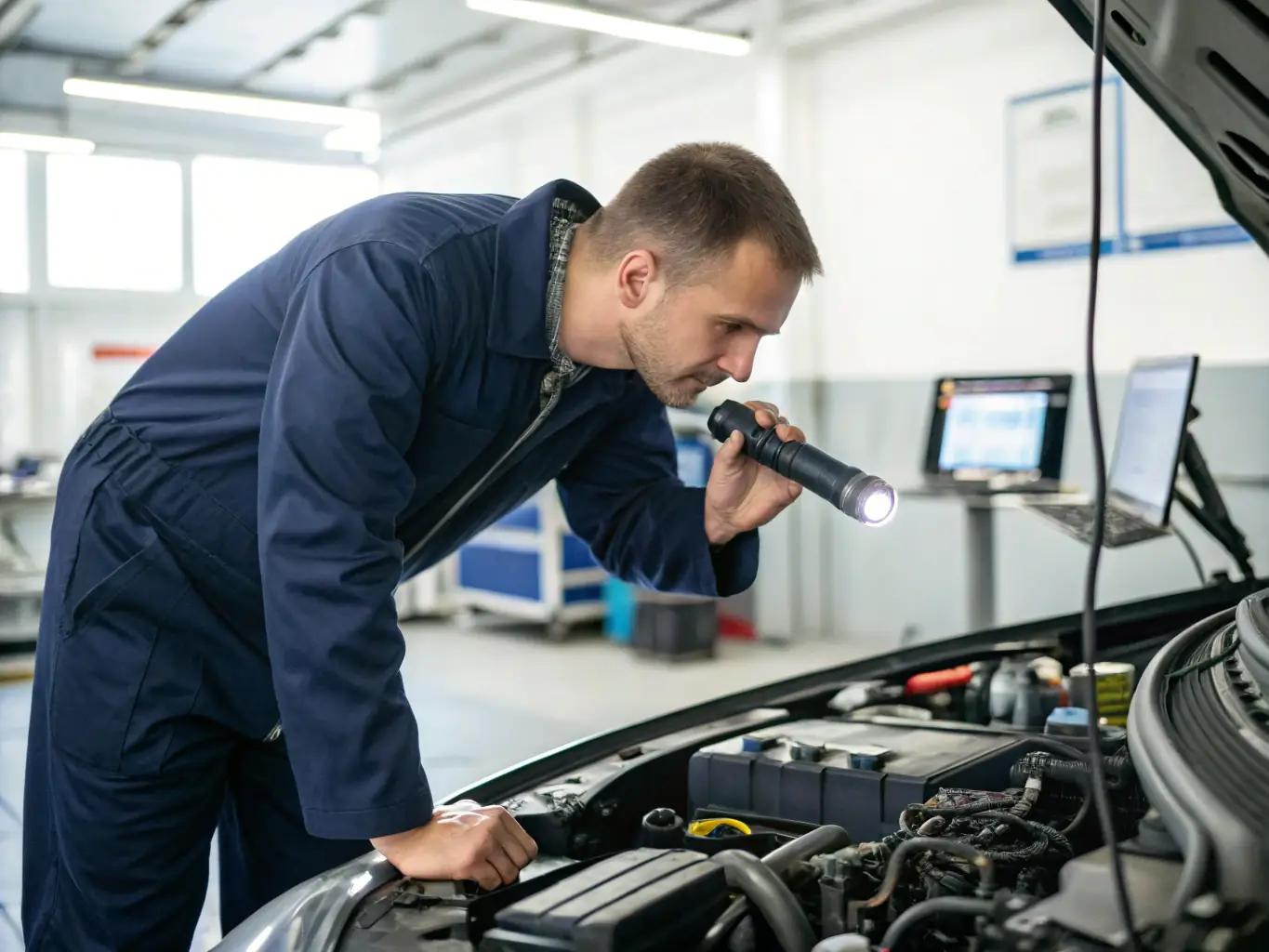 A technician inspecting a vehicle's suspension system with a lift in a modern garage, highlighting Basa Auto Repair's suspension repair expertise.